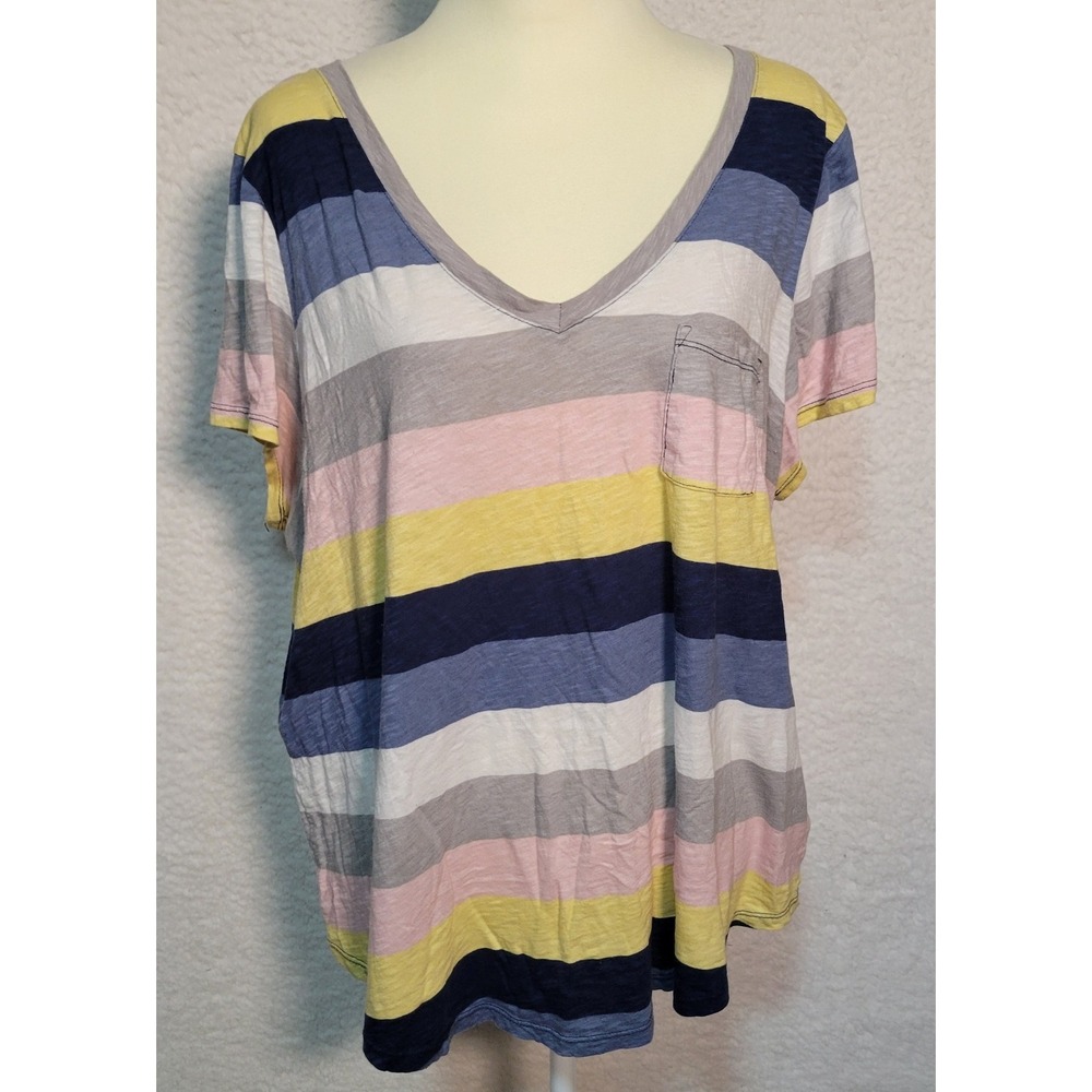 Heritage by Torrid Striped T-Shirt Size 2 Short Sleeve V-Neck Slub Jersey 1969